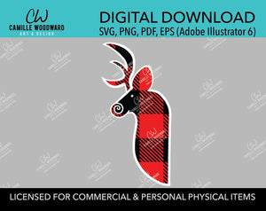 Buffalo Plaid Deer Head Red Black, White Outline, Swirly Nose, Hand Drawn, SVG, EPS, PNG - Sublimation Digital Download Transparent