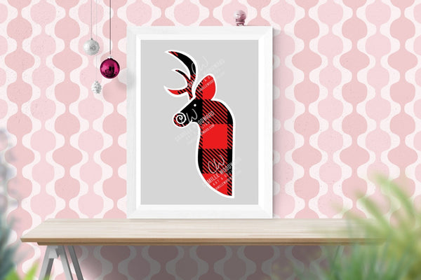 Buffalo Plaid Deer Head Red Black, White Outline, Swirly Nose, Hand Drawn, SVG, EPS, PNG - Sublimation Digital Download Transparent