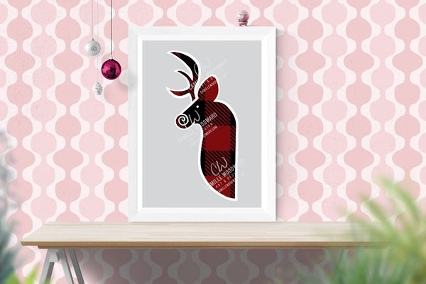 Buffalo Plaid Deer Head Maroon Black, White Outline, Swirly Nose, Hand Drawn, SVG, EPS, PNG - Sublimation Digital Download Transparent