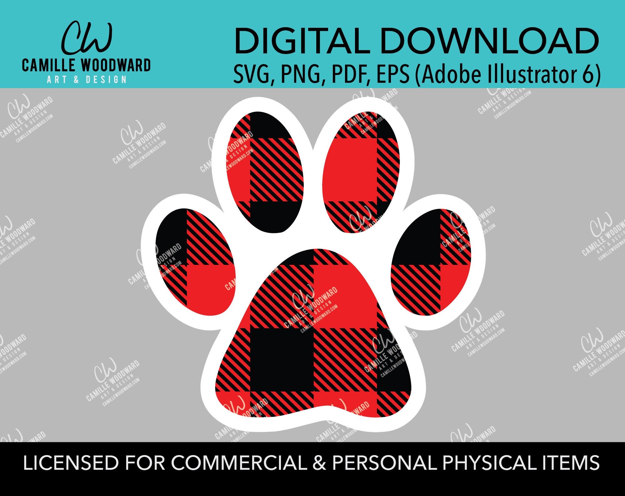 Buffalo Plaid Paw Print Red Black Pads White Outline, SVG, EPS, PNG - Sublimation Digital Download Transparent