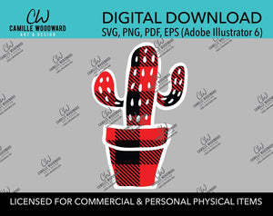Buffalo Plaid Cactus Red Black White Outline, SVG, EPS, PNG - Sublimation Digital Download Transparent