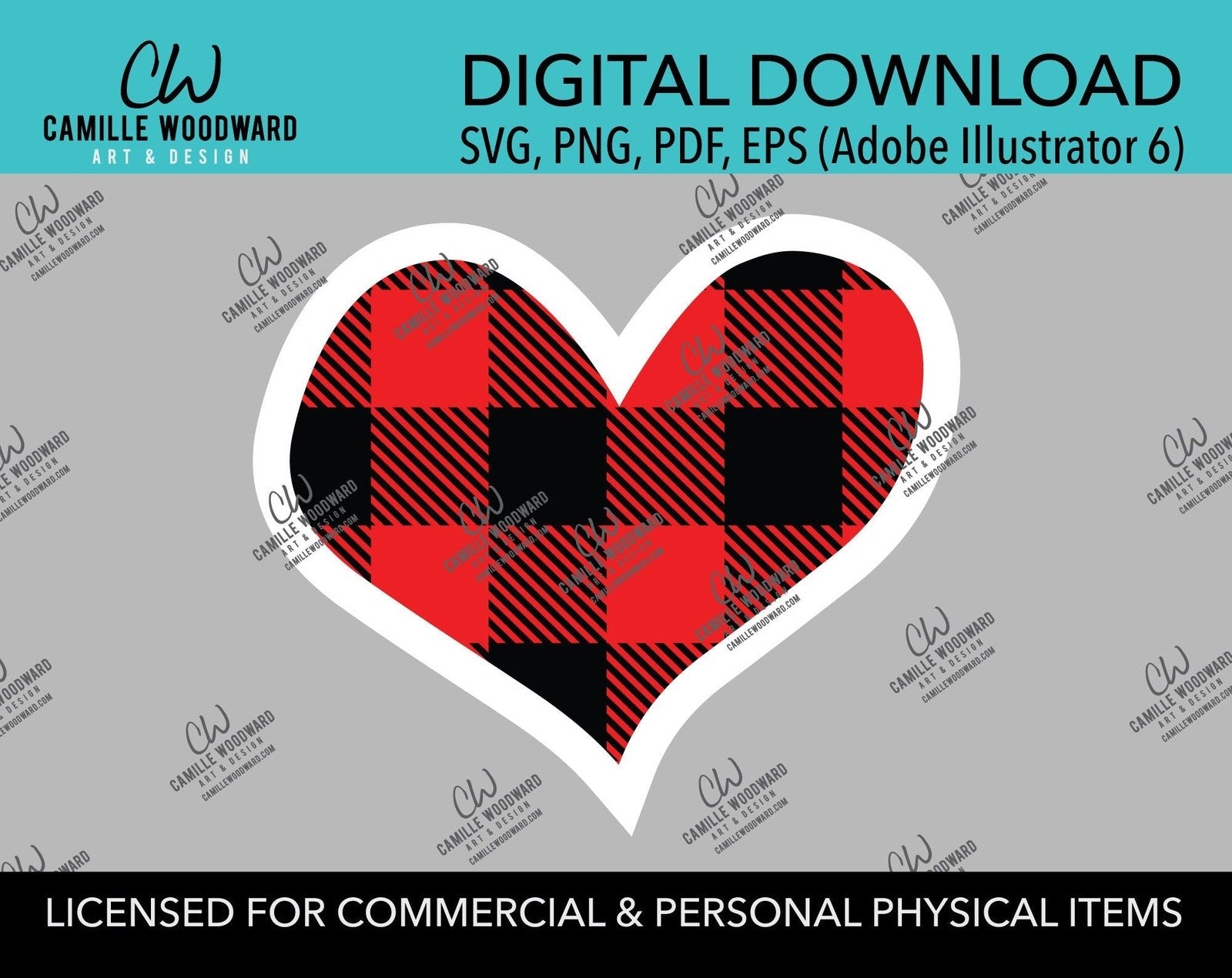 Buffalo Plaid Heart Red Black White Outline, SVG, EPS, PNG - Sublimation Digital Download Transparent