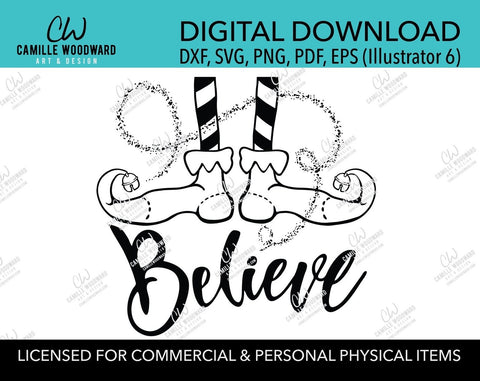 Christmas Elf Shoes Believe Sparkle Jingle Bell Black and White, SVG, EPS, PNG - Sublimation Digital Download Transparent