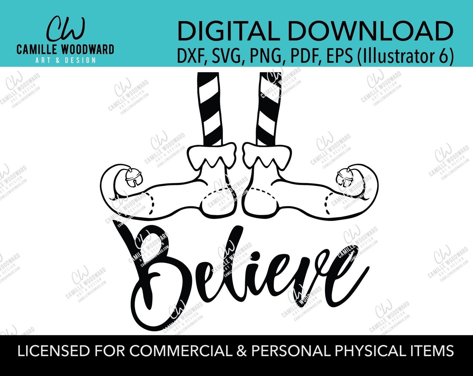 Christmas Elf Shoes Believe Jingle Bell Black and White, SVG, EPS, PNG - Sublimation Digital Download Transparent
