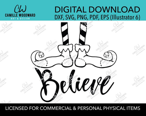 Christmas Elf Shoes Believe Jingle Bell Black and White, SVG, EPS, PNG - Sublimation Digital Download Transparent