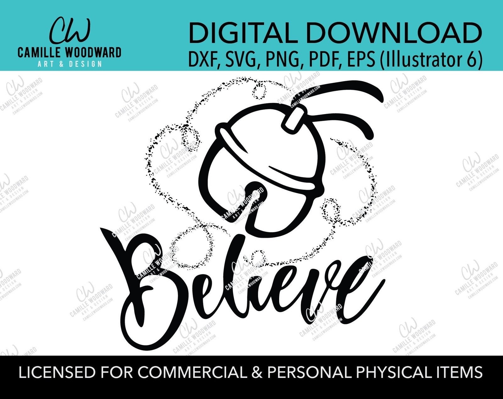 Christmas Believe Jingle Bell Sparkle Black and White, SVG, EPS, PNG - Sublimation Digital Download Transparent