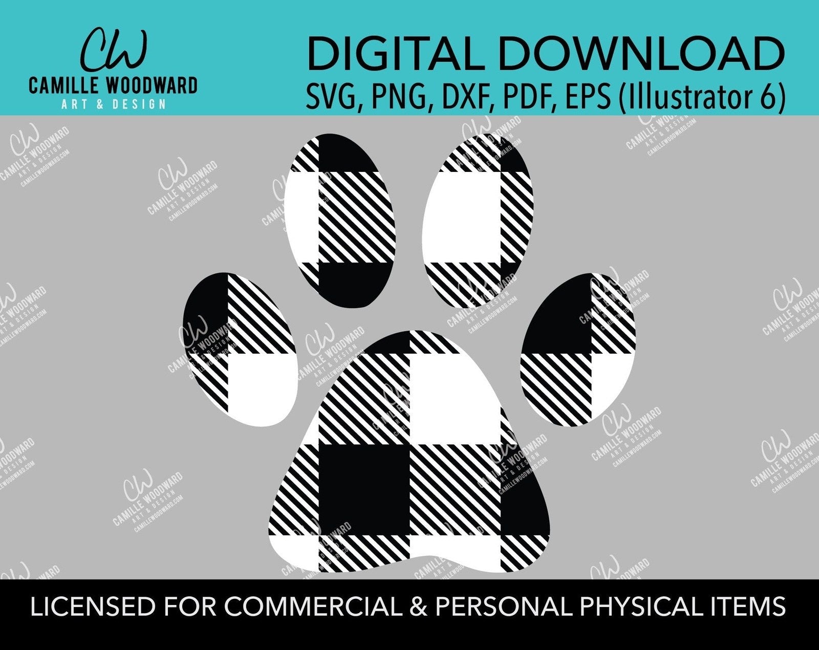 Dog Paw Print SVG, Buffalo Plaid SVG, White Black, Cricut, Silhouette - Sublimation Digital Download Transparent