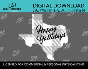 Happy Y'allidays Buffalo Plaid Texas Christmas Gray Black White, SVG, EPS, PNG - Sublimation Digital Download