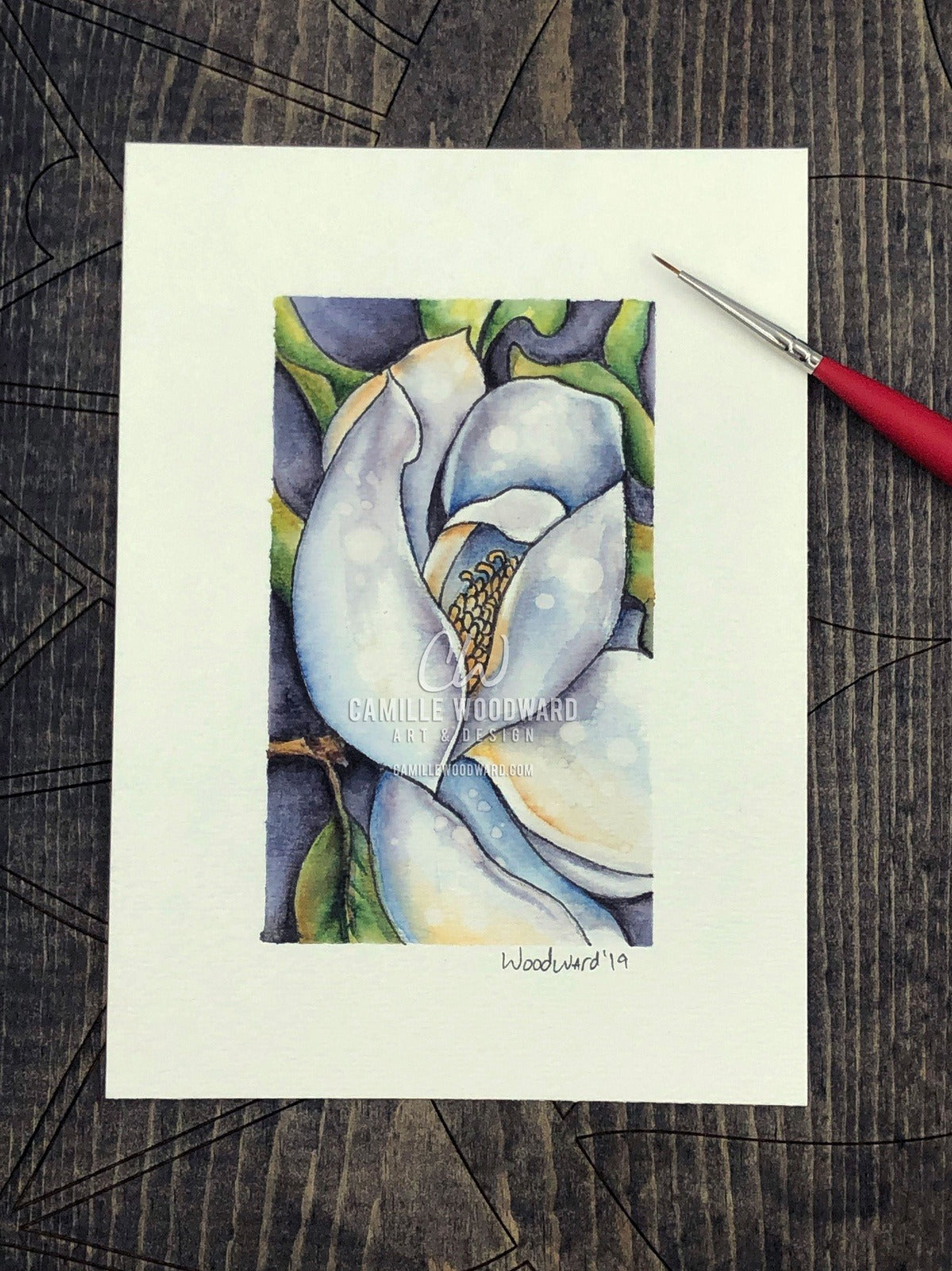Magnolia Flower Original Watercolor Painting of White Flower with Green Leaves