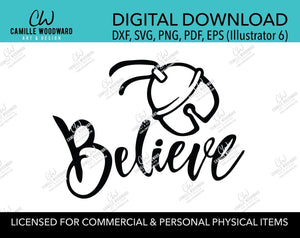 Christmas Believe Jingle Bell Black and White, SVG, EPS, PNG - Sublimation Digital Download Transparent