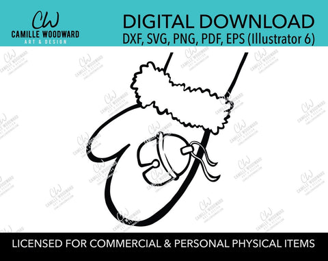 Christmas Santa Mitten and Jingle Bell Black and White, SVG, EPS, PNG - Sublimation Digital Download Transparent