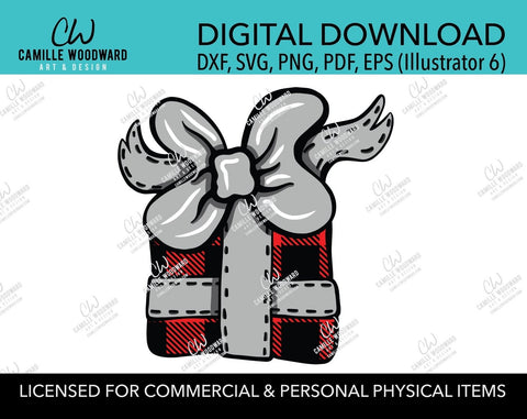 Christmas Present Buffalo Plaid Red Black and Silver Bow Clip Art, SVG, EPS, PNG - Sublimation Digital Download Transparent
