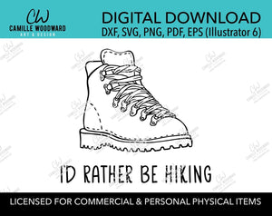 I'd Rather Be Hiking Boot Vintage Black and White, SVG, EPS, PNG - Sublimation Digital Download