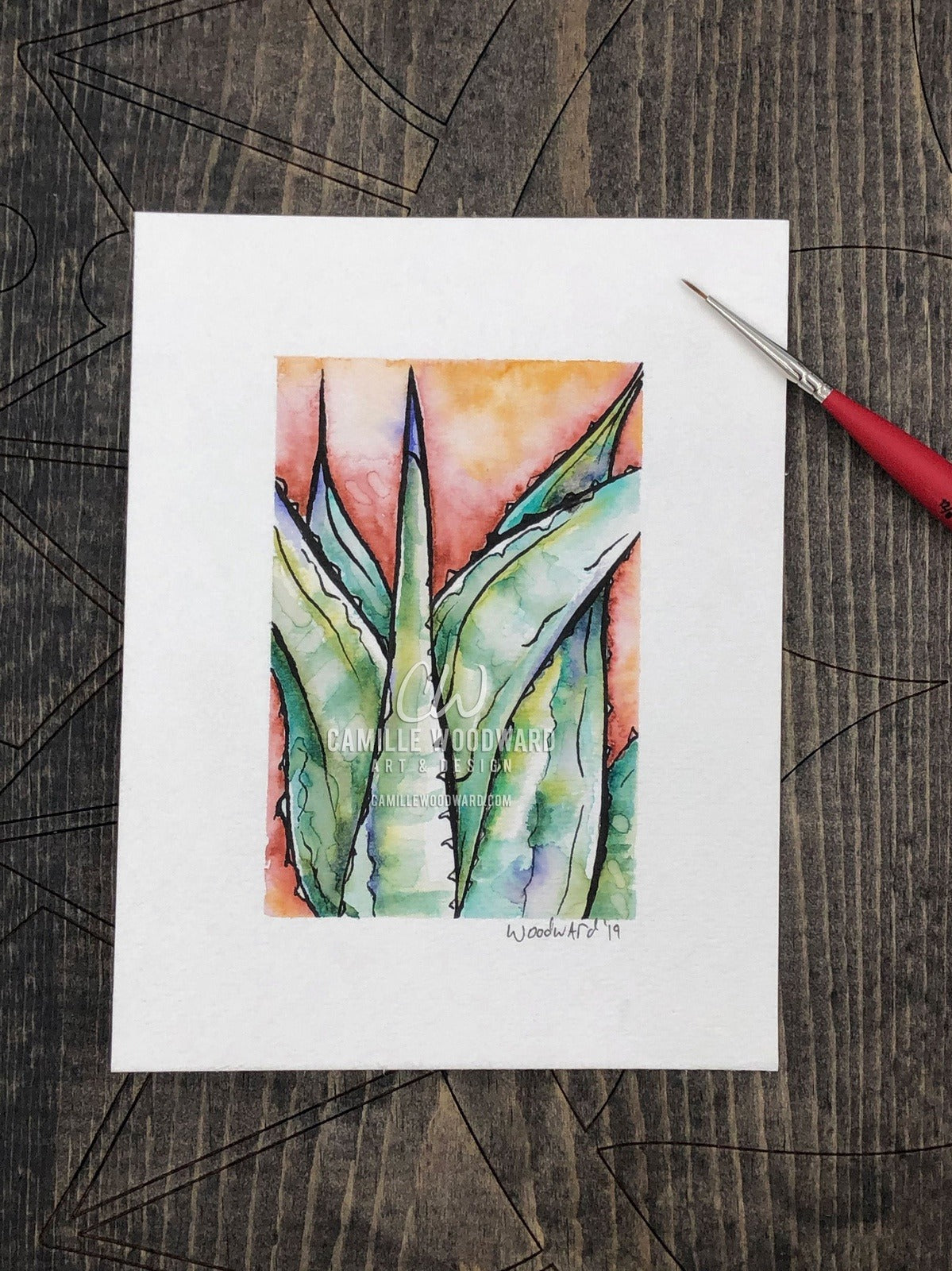 Agave Original Watercolor Painting of Blue and Green Succulent Cactus