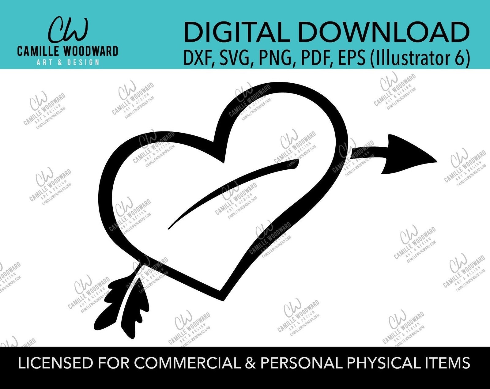 Heart with Arrow Black and White Cartoon Clip Art, SVG, EPS, PNG - Sublimation Digital Download Transparent