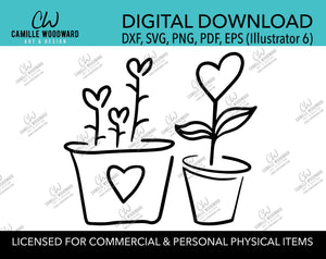 Potted Plants Sprouting Love Heart Flowers Black & White Clip Art, SVG, EPS, PNG - Sublimation Digital Download Transparent