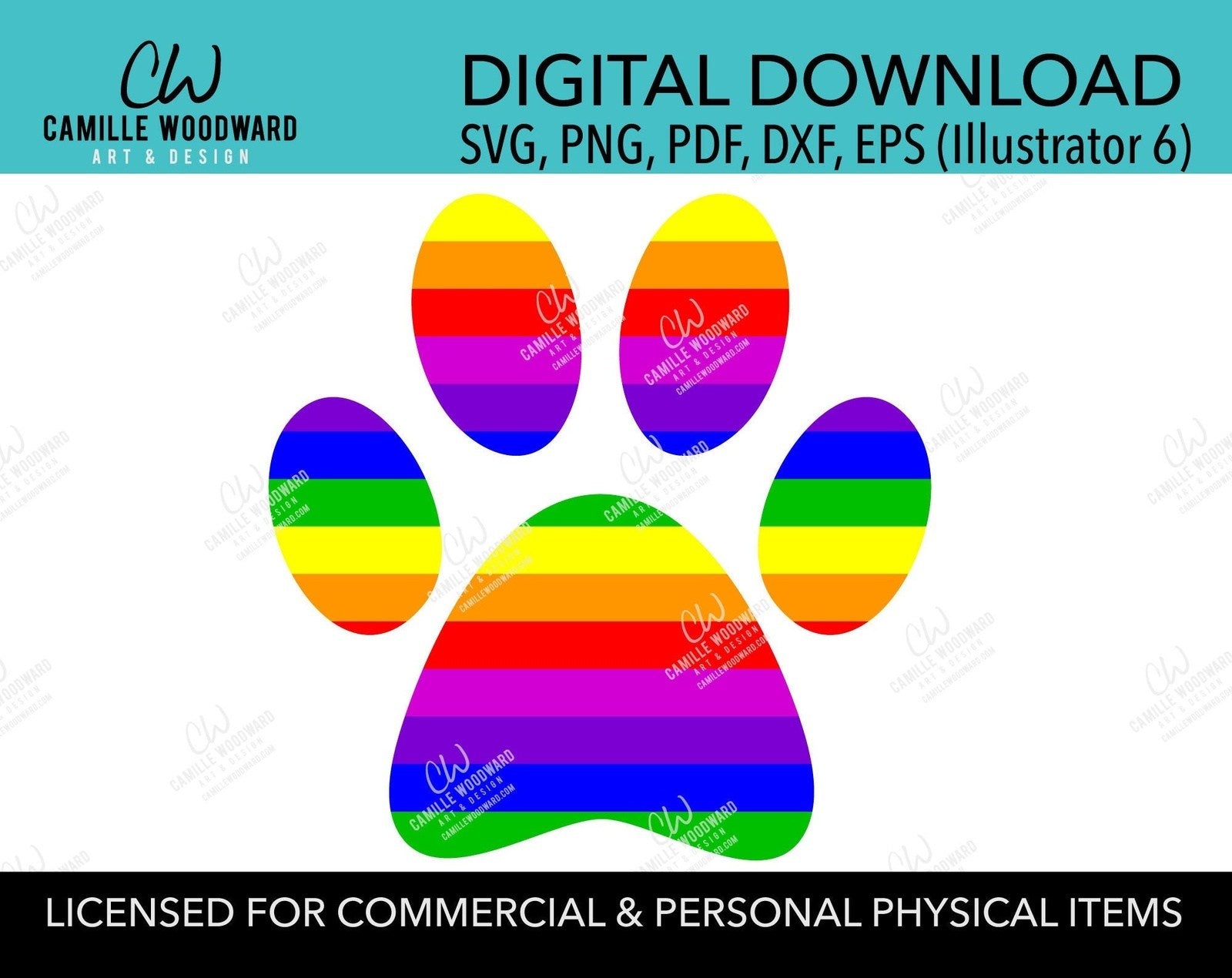 Dog Paw Print Rainbow Stripes LGBTQ, SVG, PNG - Sublimation Digital Download Transparent