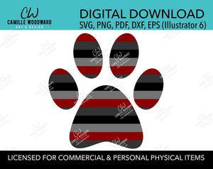 Dog Paw Print with Stripes in Maroon Red, Black Gray, SVG, EPS, PNG - Sublimation Digital Download Transparent