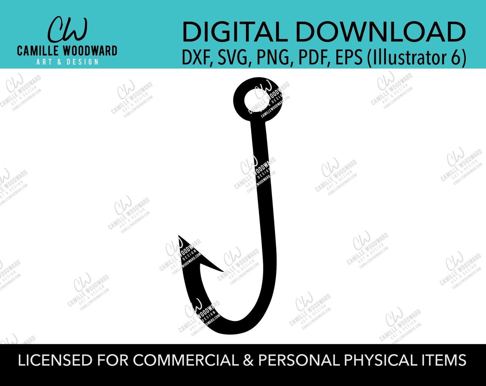 Cartoon Fish Hook Black and White, EPS, PNG SVG - Digital Download Transparent