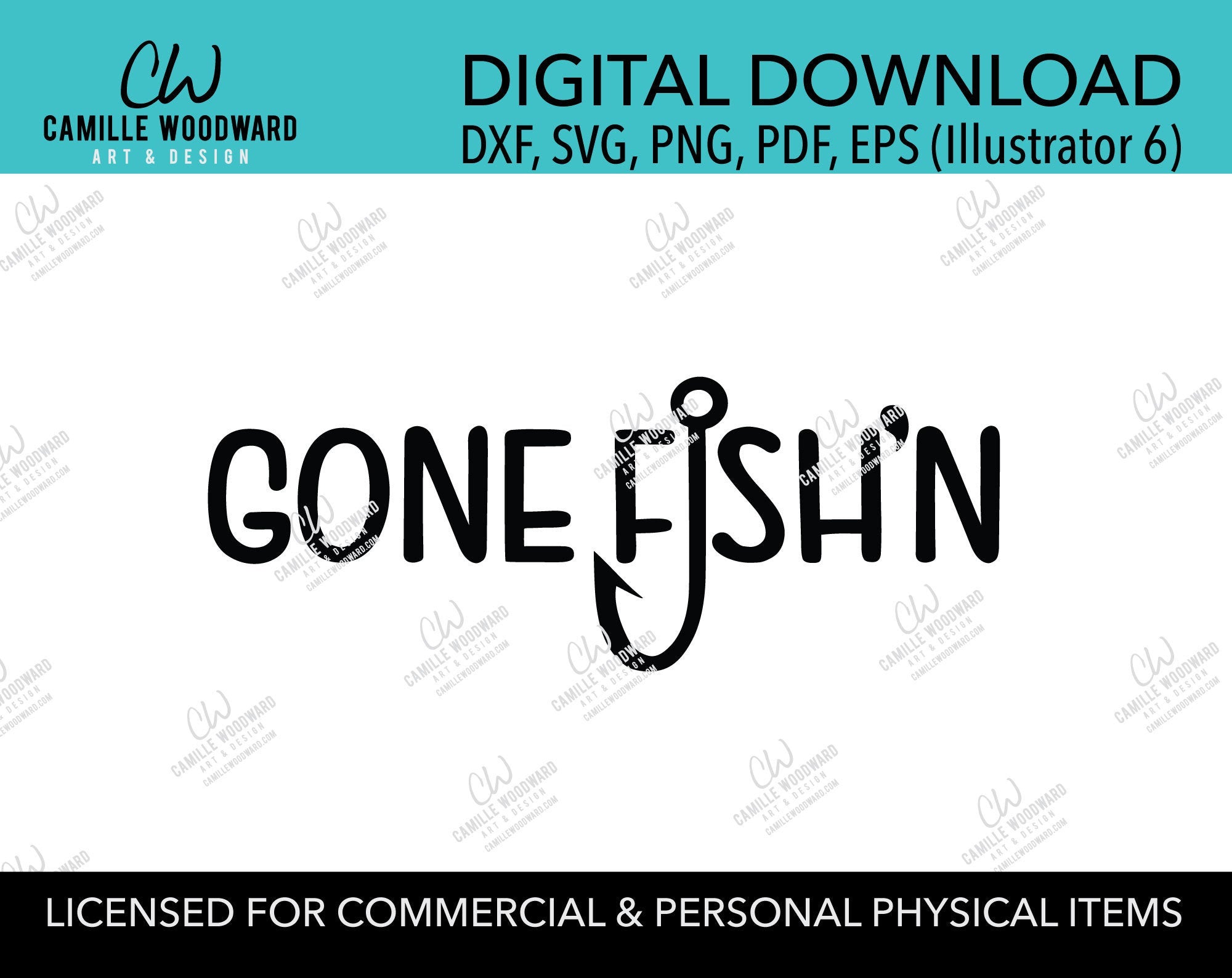 Gone Fish'n Fish Hook Black and White, EPS, PNG SVG - Digital Download Transparent