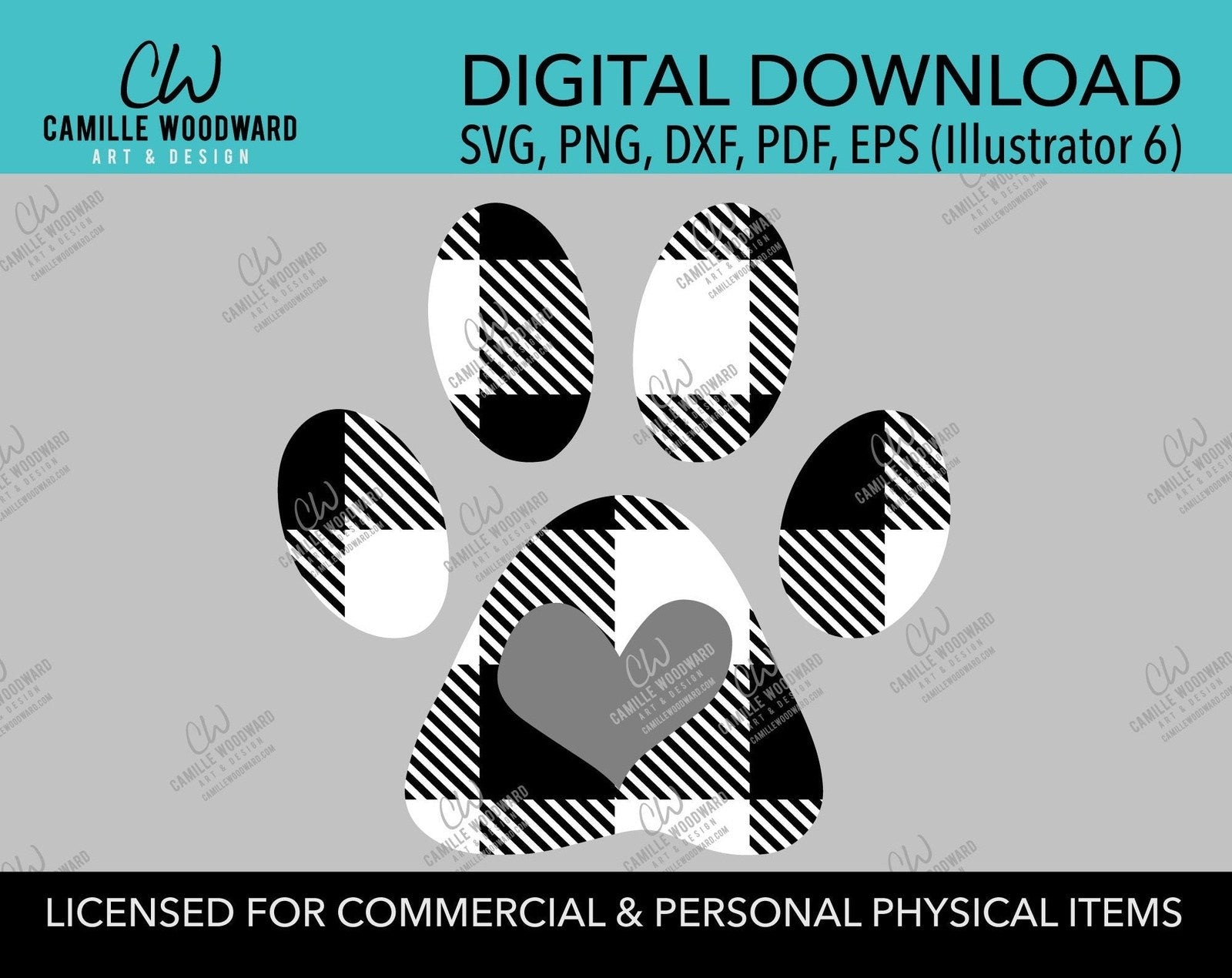 Dog Paw Print SVG, Love Heart SVG, Buffalo Plaid SVG, White, Black, Gray, Cricut, Silhouette - Sublimation Digital Download Transparent