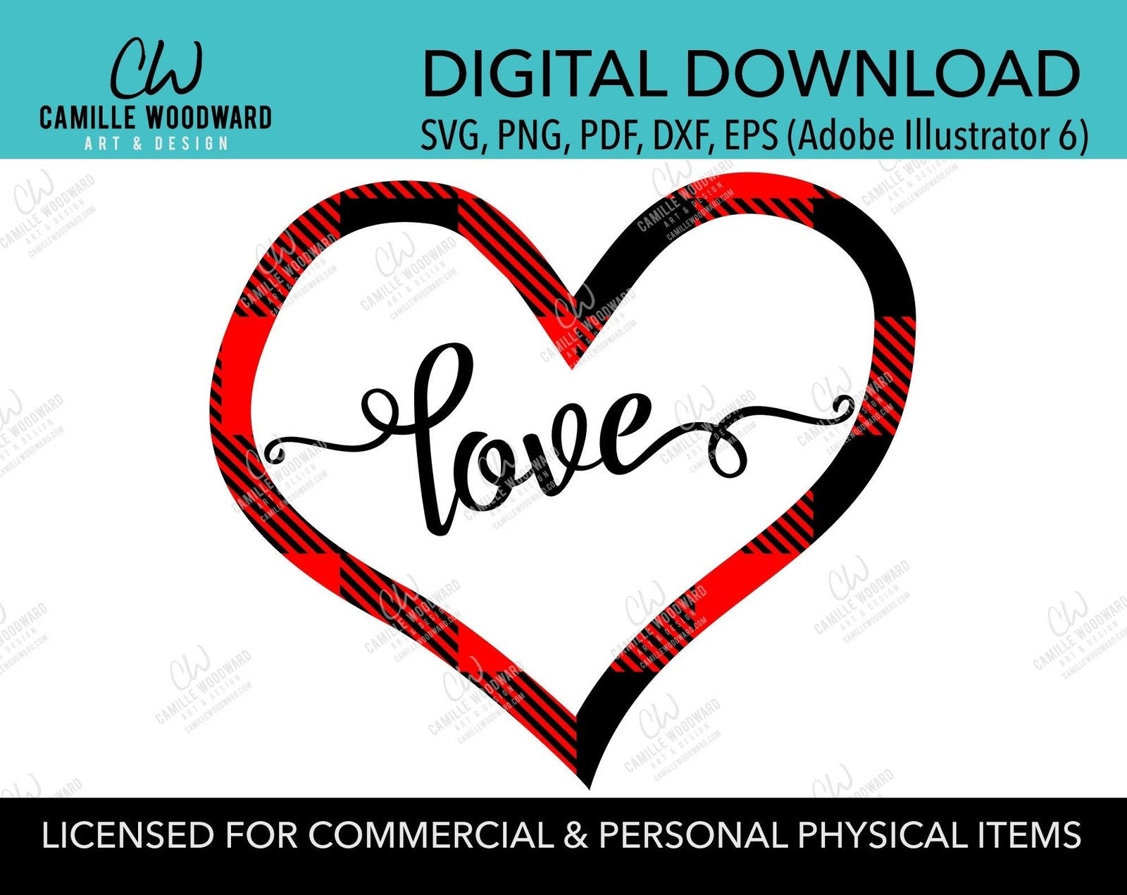 SVG Valentine Heart Love Text, Buffalo Plaid Red Black, PNG - Sublimation Digital Download Transparent