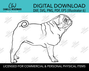 Pug Dog Profile Clip Art Black & White Transparent - EPS, SVG, PNG Sublimation Digital Download