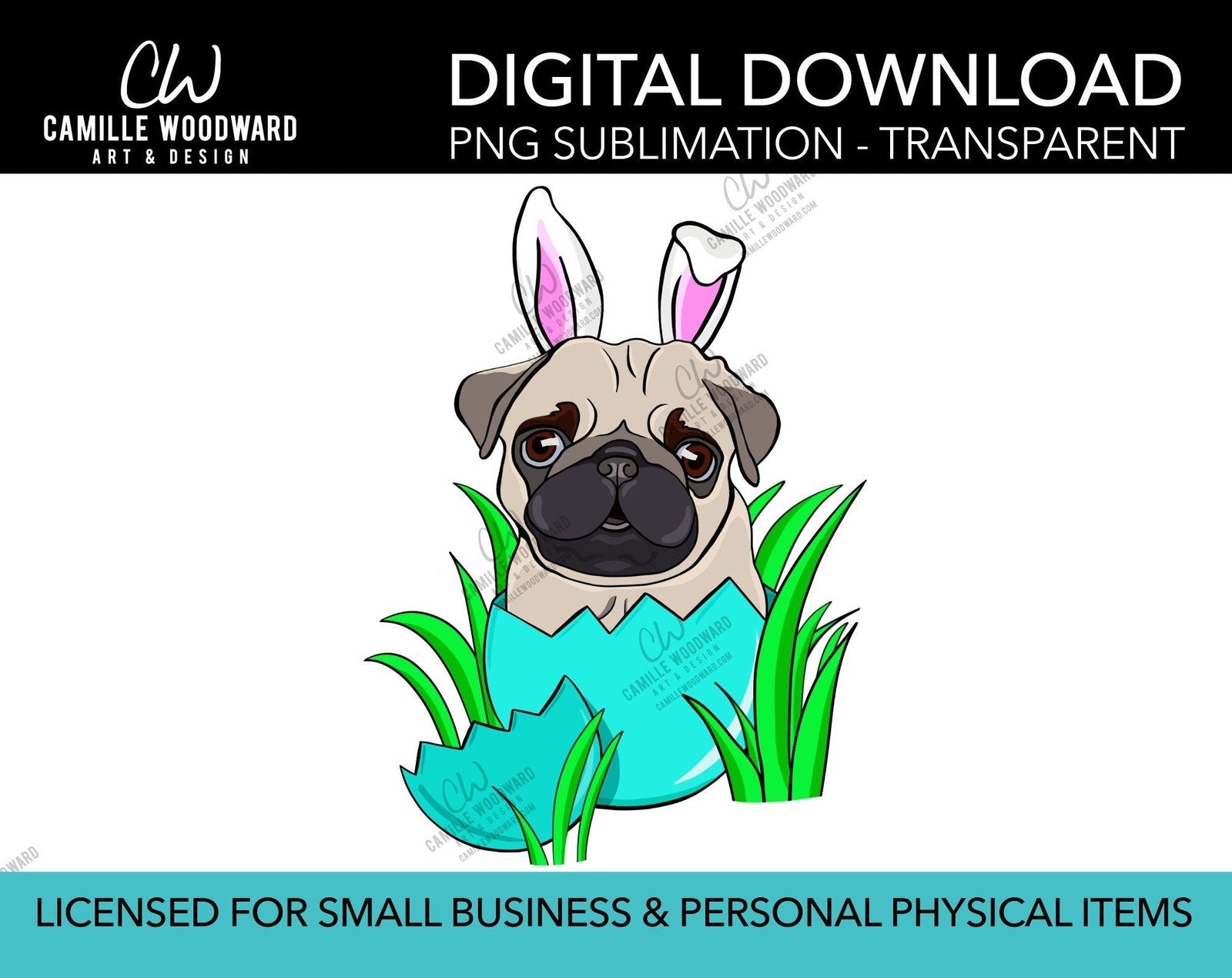 Pug Dog Easter Bunny Clip Art, Pug Dog PNG, Pug Bunny Ears In Easter Egg, Pug Art, Cartoon Pug Dog - Sublimation Digital Download