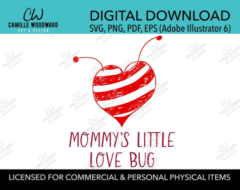 Mommy's Little Love Bug Striped Red Heart with Antennas, SVG, EPS, PNG - Sublimation Digital Download Transparent