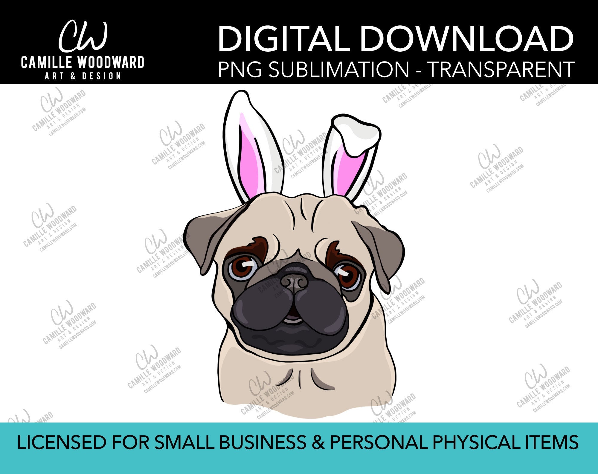 Pug Dog PNG, Pug Easter Bunny Clip Art, Pug Bunny Ears, Pug Art, Cartoon Pug Dog - Sublimation Digital Download