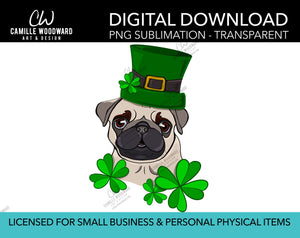 St Patricks Day PNG, Pug Dog Shamrock Clip Art, Pug Green Hat, Pug Art, Cartoon Pug Dog - Sublimation Digital Download
