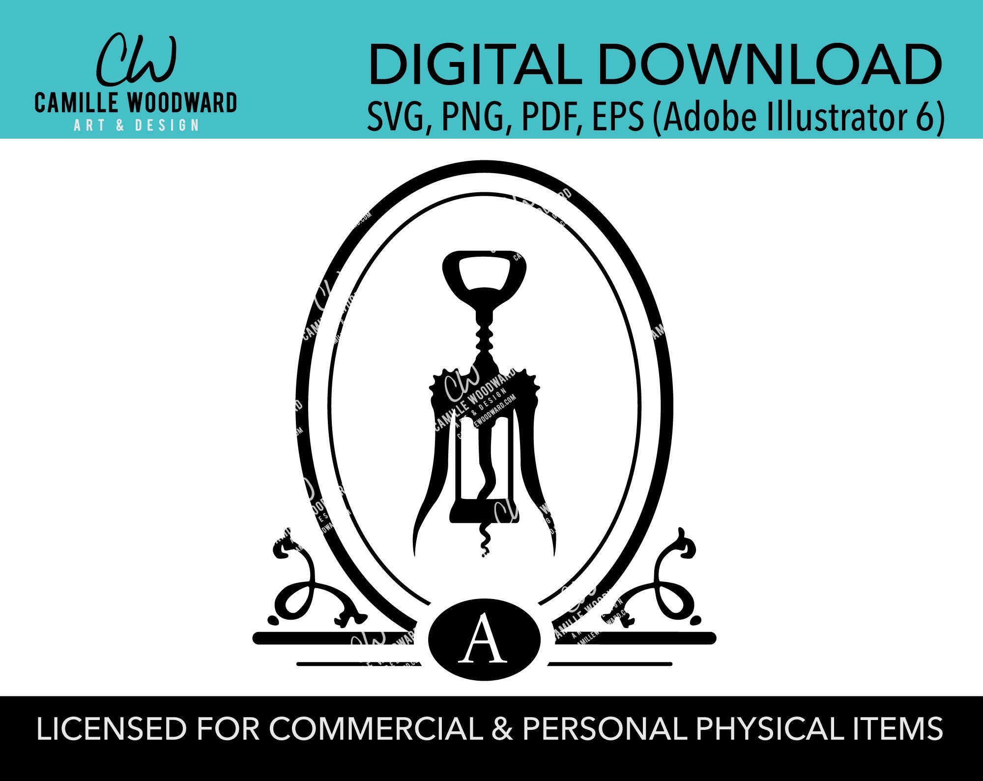 Wine Monogram Letter SVG, Cork Screw PNG, Oval, Personalized, Cricut Cut File, Black and White - Digital Download Transparent