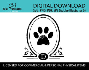 Paw Print Monogram Letter SVG, Cat Dog Art PNG, Alphabet, Oval, Personalized, Cricut Cut File, Black & White - Digital Download Transparent