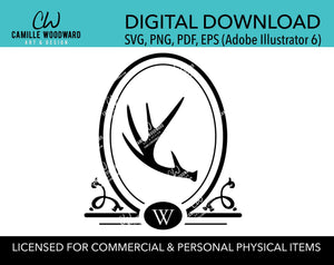 Deer Antler Monogram Letter SVG, Hunter PNG, Oval, Personalized, Cricut Cut File, Black & White - Digital Download Transparent