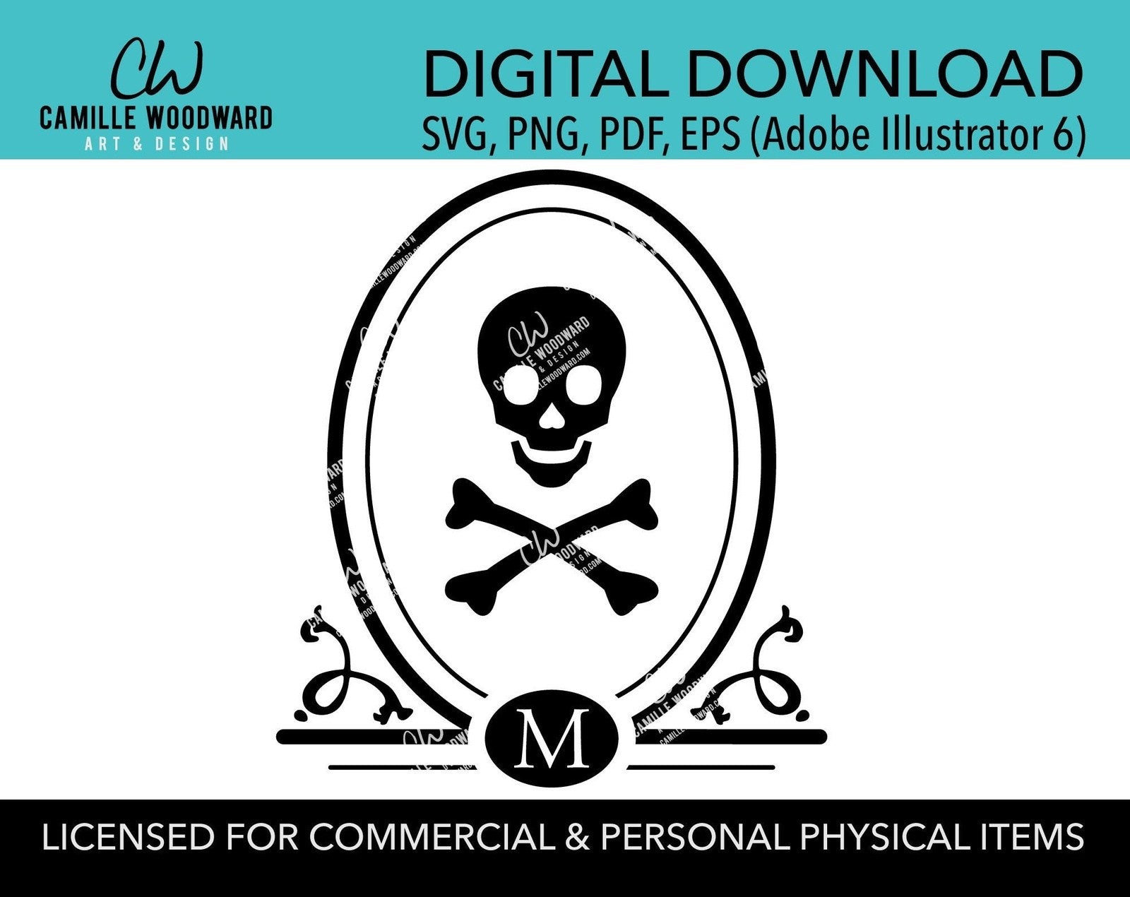 Skull Monogram Letter SVG, Skull & Crossbones PNG, Oval, Personalized, Cricut Cut File, Black White - Digital Download Transparent
