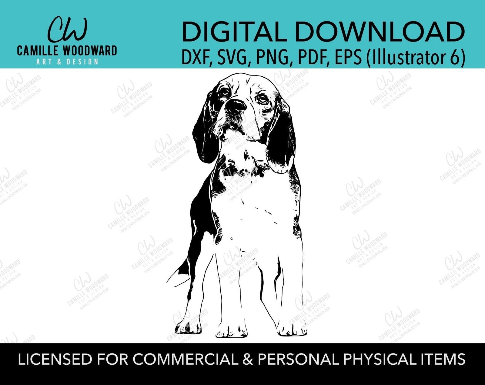 Beagle Dog Clip Art SVG, Dog Clip Art, Black & White Transparent - EPS, PNG Sublimation Digital Download
