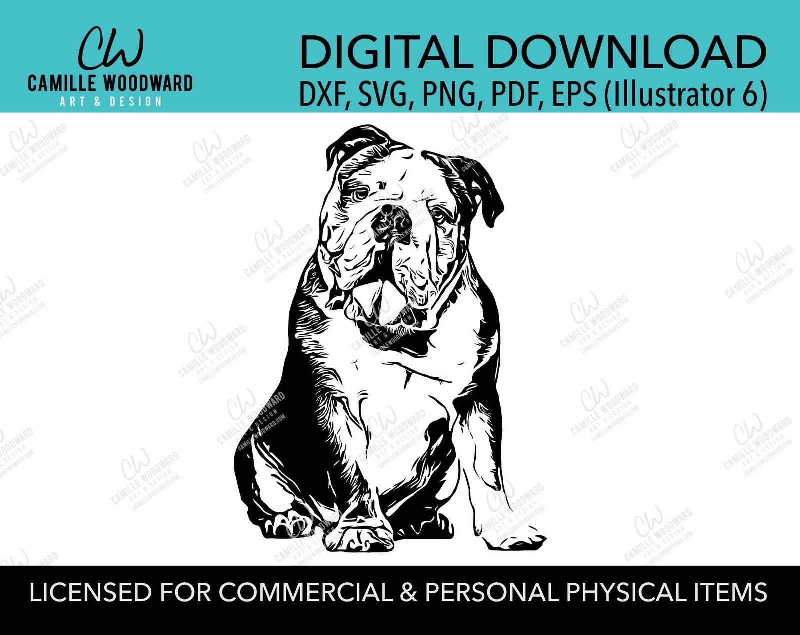 Bulldog Dog Clip Art SVG, Sitting English Bulldog Dog Clip Art, Wrinkle, Black & White Transparent - EPS, PNG Sublimation Digital Download