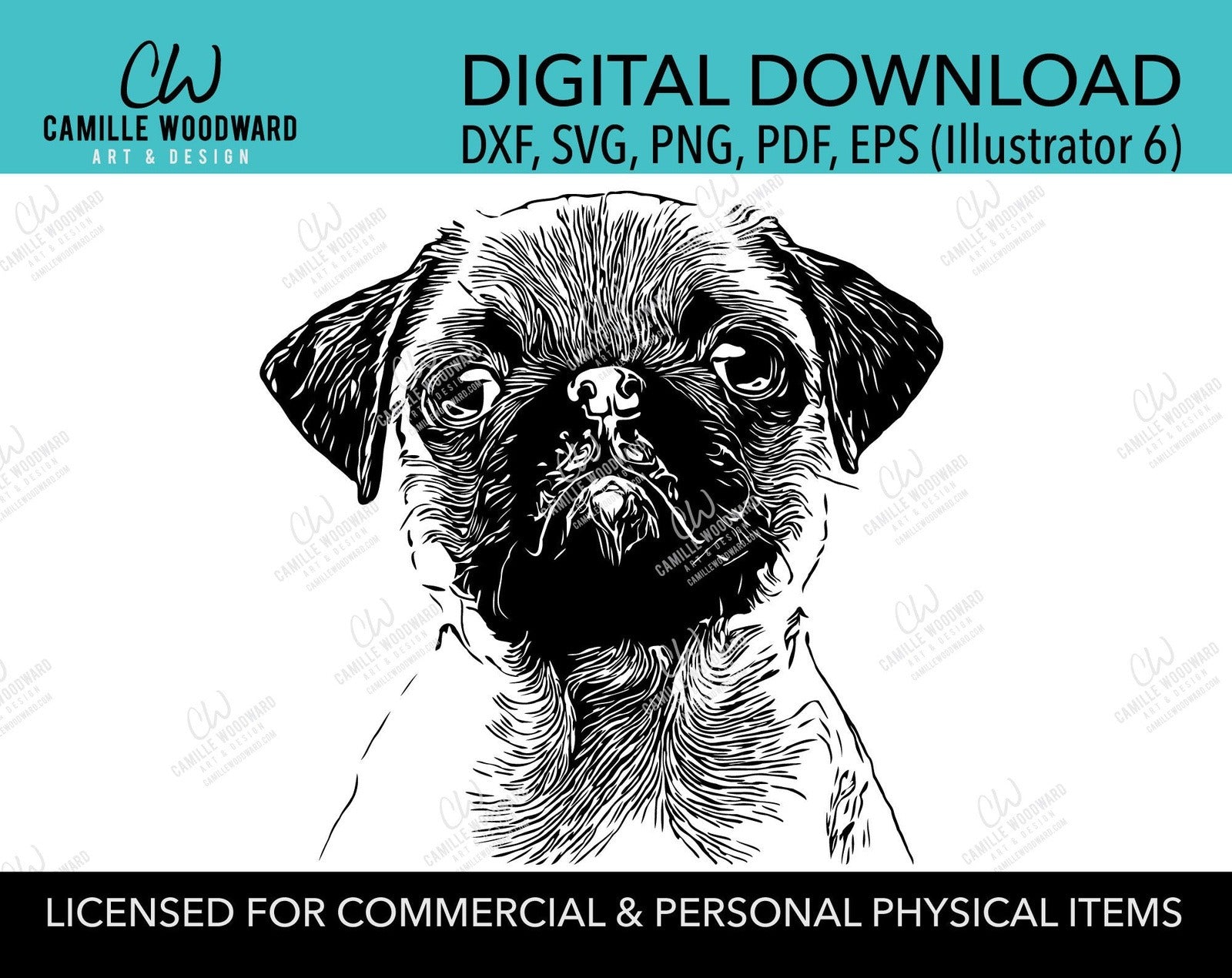 Pug Dog Clip Art SVG, Puppy Dog Clip Art, Wrinkle, Black & White Transparent - EPS, PNG Sublimation Digital Download