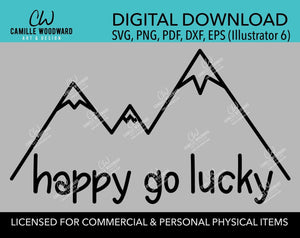 Mountains Happy Go Lucky SVG, Hiking, Camping, Outdoors, Black and White, PNG, eps, dxf, pdf - Transparent Sublimation Digital Download