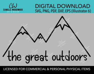 Mountains The Great Outdoors SVG, Hiking, Camping, Outdoors, Black and White, PNG, eps, dxf, pdf - Transparent Sublimation Digital Download