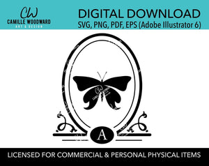 Butterfly Monogram Letter SVG, PNG, Oval, Personalized, Cricut Cut File, Black & White - Digital Download