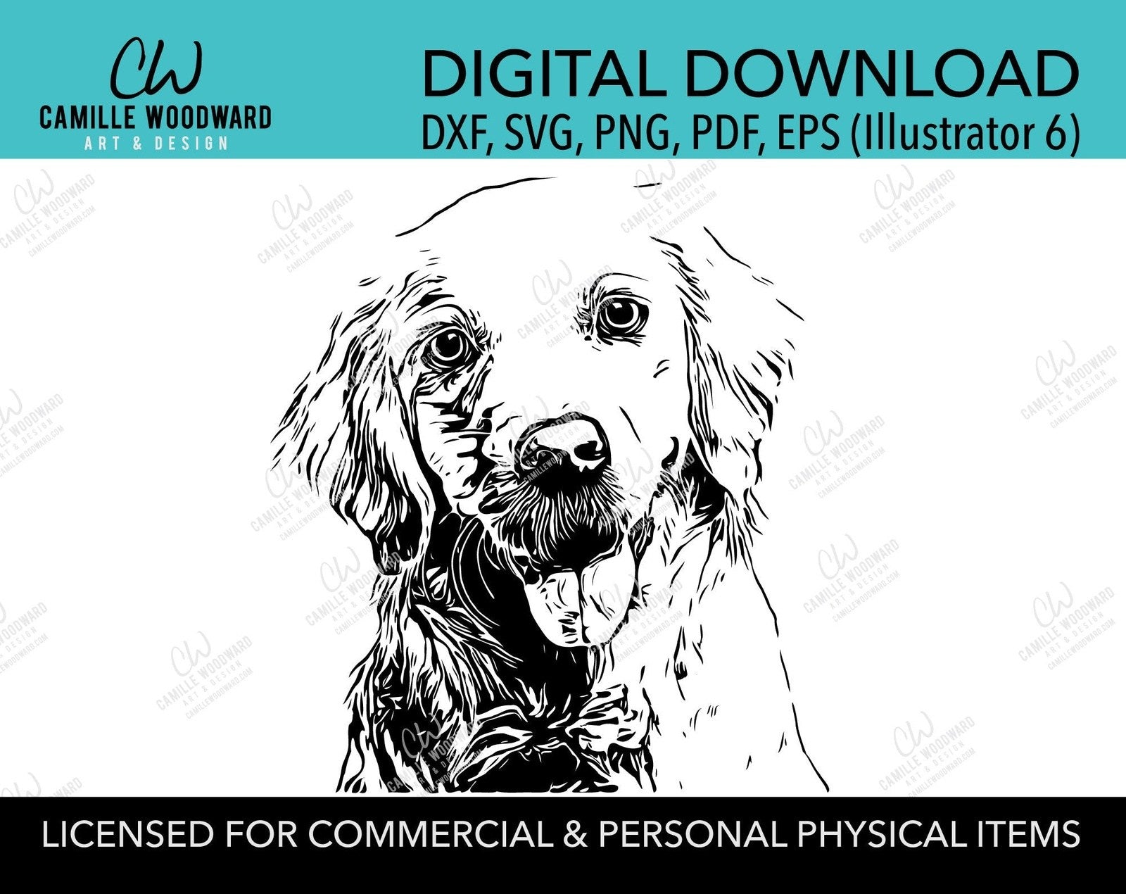 Golden Retriever Clip Art SVG, Dog Clip Art, Black & White Transparent - EPS, PNG Sublimation Digital Download