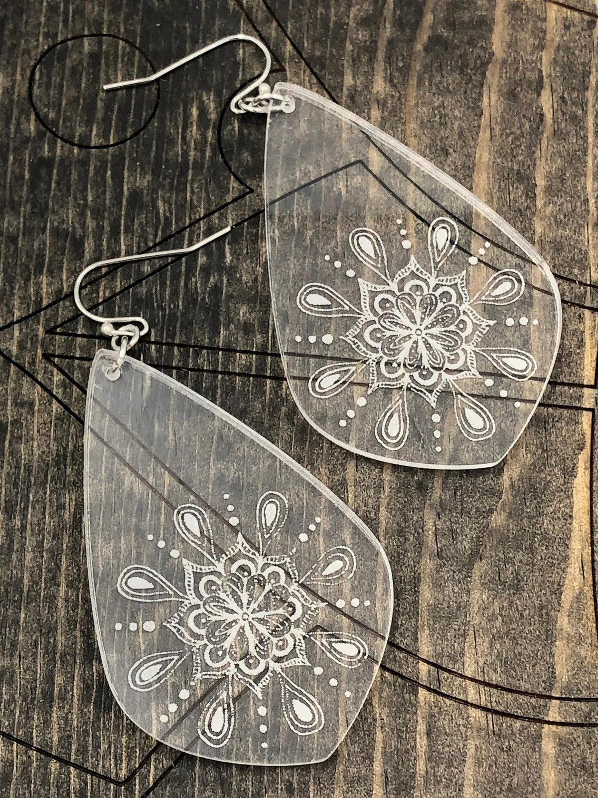 Mandala Engraved Earrings, Boho Jewelry, Engraved Mandala Acrylic Earrings, Women’s Earrings, Teardrop Earrings, Rectangle Engraved