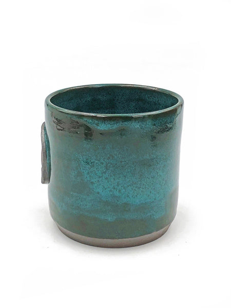 Turquoise Green Mandala Pottery Tumbler, Floral Ceramic Stoneware, Handmade, Rustic Farmhouse Wine Cup, Hand Painted, Dark Chocolate Clay