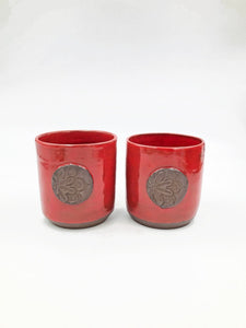 Red Pottery Tumbler, Brown Floral Medallion Ceramic Stoneware, Handmade, Rustic Farmhouse Wine Cup, Hand Painted, Dark Chocolate Clay