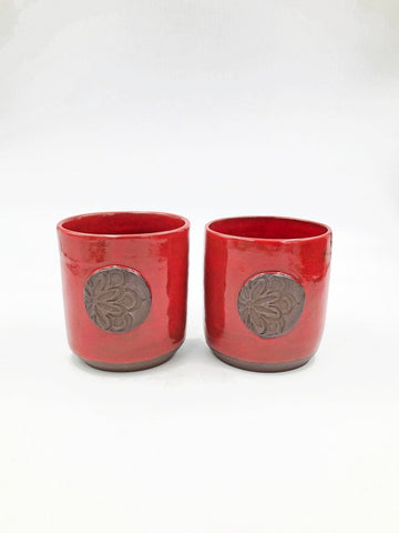 Red Pottery Tumbler, Brown Floral Medallion Ceramic Stoneware, Handmade, Rustic Farmhouse Wine Cup, Hand Painted, Dark Chocolate Clay