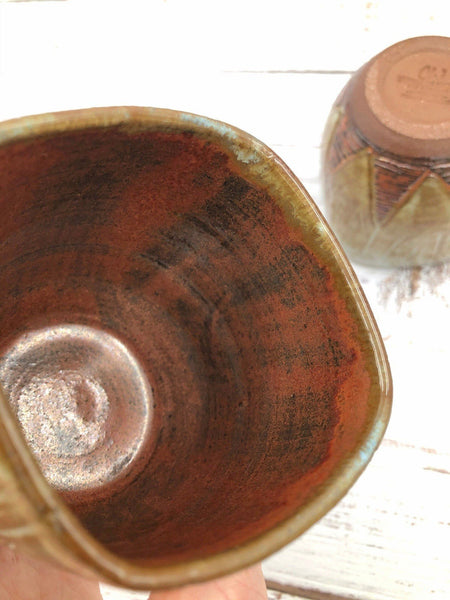 Copper and Light Brown Pottery Tumbler, Nature, Gift for Mom Grandma, Stoneware Handmade Ceramic Stemless Wine Cup, Hand Carved