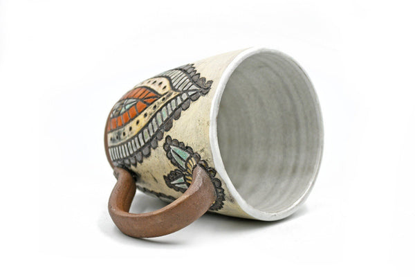 Earthtones and White Mandala Ceramic Coffee Mug, Rustic Handmade Stoneware Pottery 14 oz. Drink Cup, Microwave Safe, Contemporary Drinkware