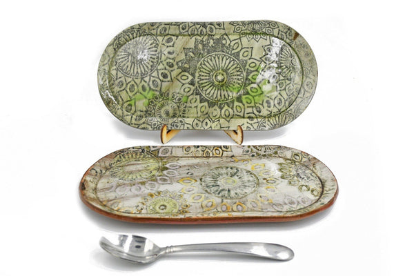 Ceramic Pottery Serving Dish, Handmade Stoneware Spoon Rest, Mediterranean Mandala Plate, BoHo Kitchen Dining Decor, Green, Brown, Gray