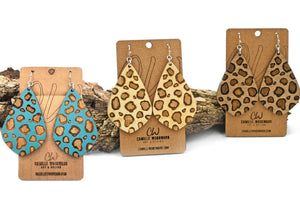 Cheetah Pattern Earrings, Brown, Turquoise, Wood, Teardrop Engraved Animal Print Design, Lightweight Statement Boho Jewelry